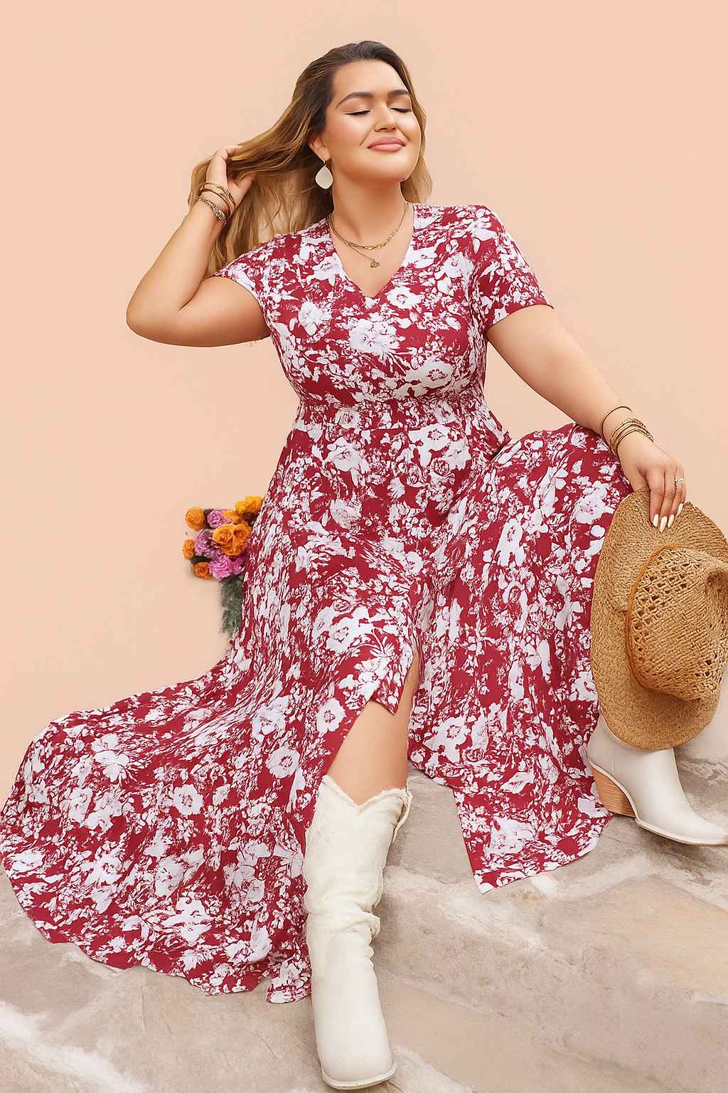 Plus Size Floral Maxi Dress with Slit – V-Neck, Short Sleeves