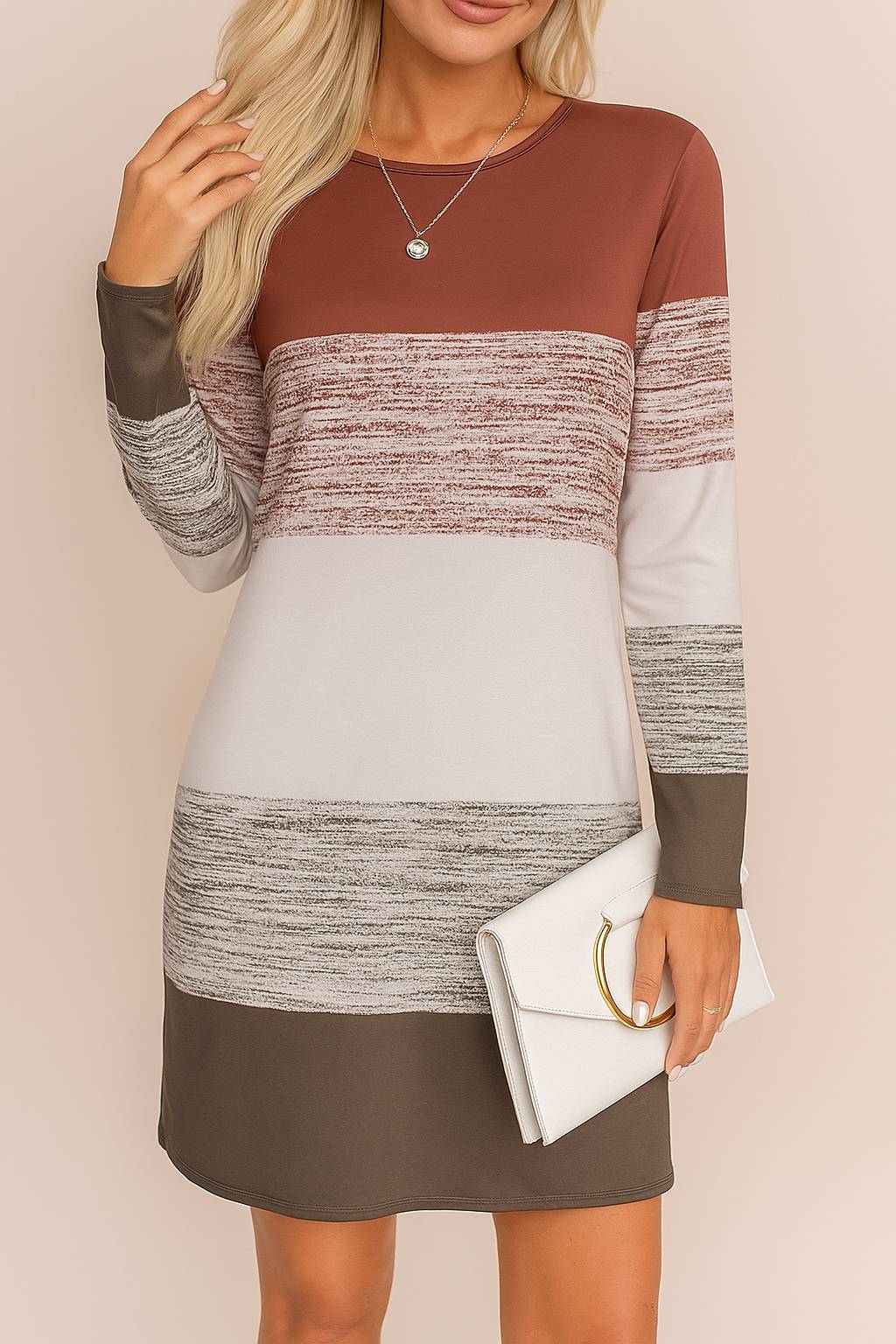 Color Block Long Sleeve Dress – Round Neck, Casual Fit