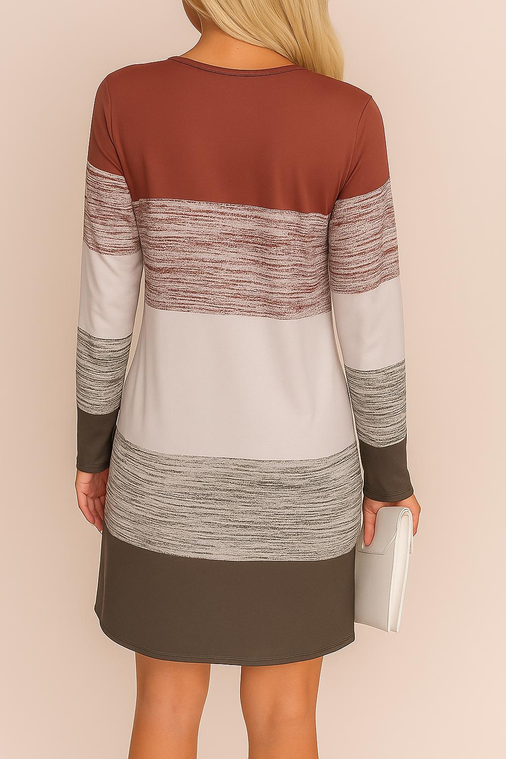 Back view of a casual colorblock mini dress with long sleeves in brown, beige, and gray knit textures – soft and relaxed fit