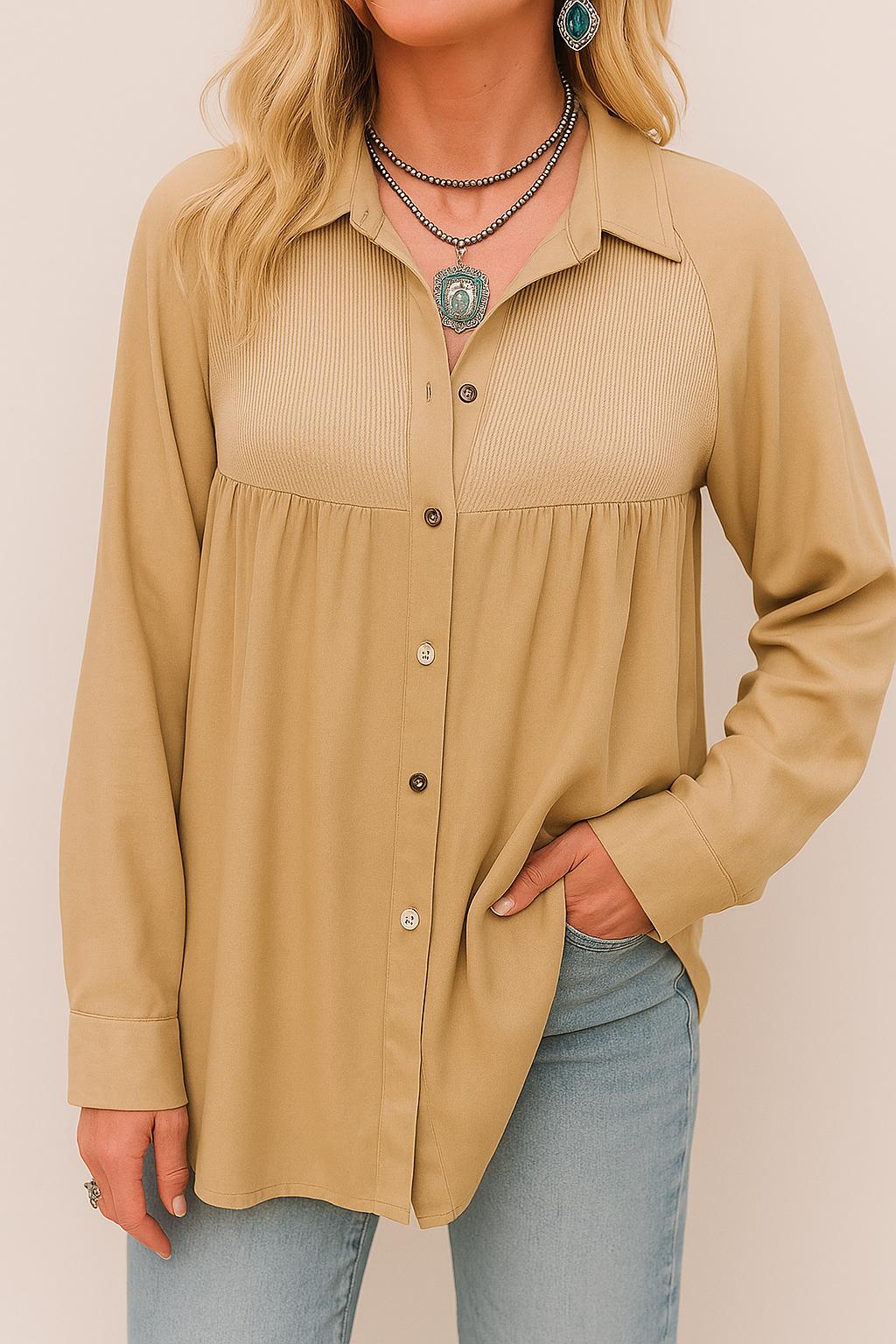 Waffle Patchwork Button-Up Oversized Shirt