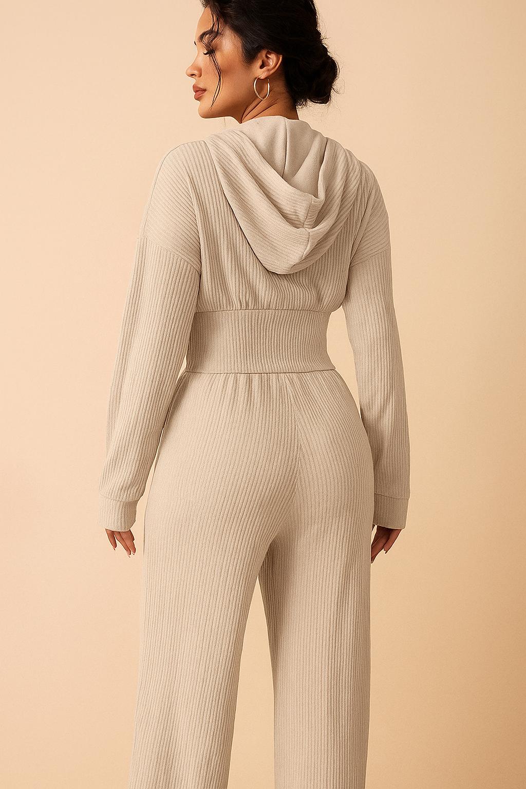 Light beige two‑piece loungewear set with cropped hoodie and elastic wide‑leg pants.
