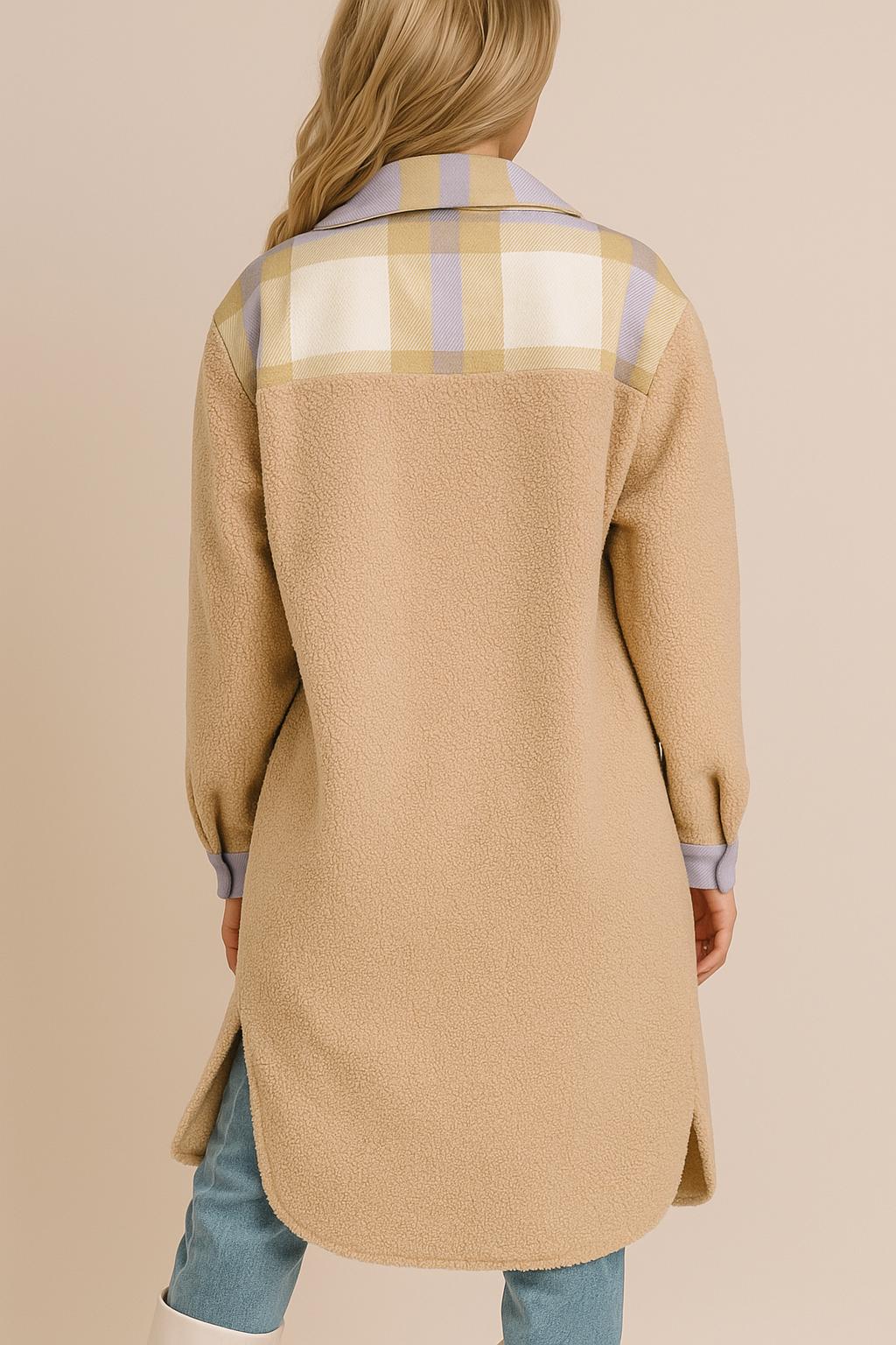 Back view of the beige teddy longline button-up coat showing the plaid contrast back yoke, drop-shoulder seam, side slits and rounded straight hem.