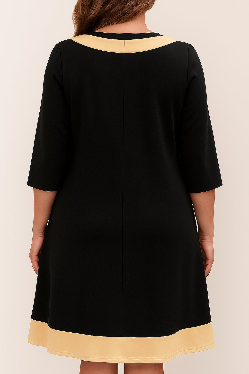 Back view of the black A-line dress with beige contrast trim at the neckline and hem; clean back seam and above-knee hem.