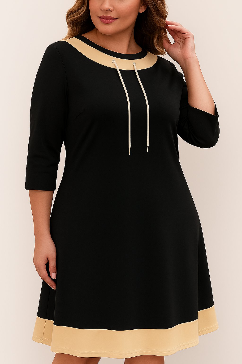 Centered front view of the black contrast-trim A-line dress; drawstring neckline and three-quarter sleeves visible.