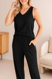Women's black ribbed knit loungewear pajama set with sleeveless top and elastic waist pants