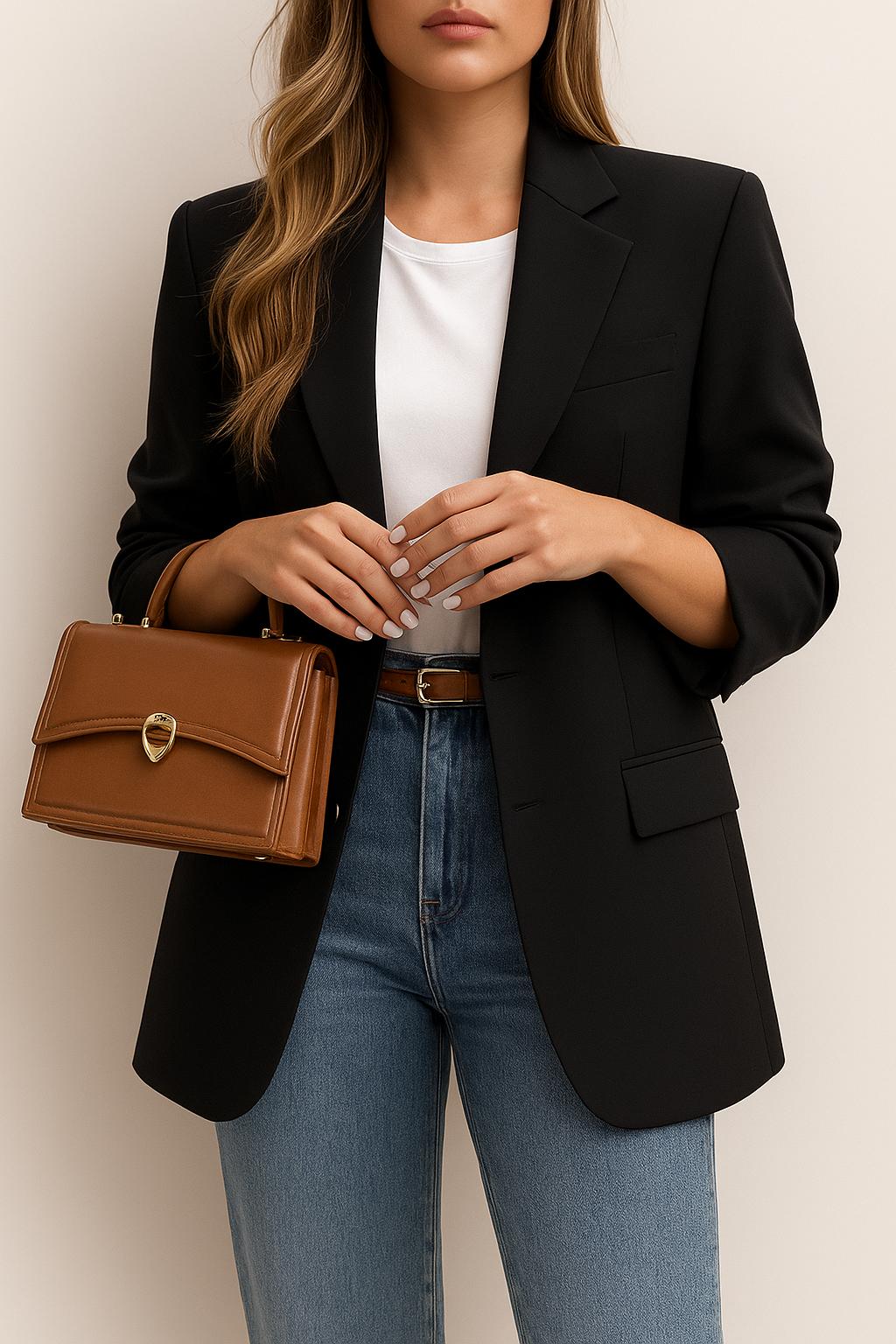 Front view of a black longline blazer with notched lapel, single-breasted front and flap pockets.
