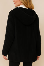 Back view of the black ribbed hooded coat with curved hem and full-coverage hood