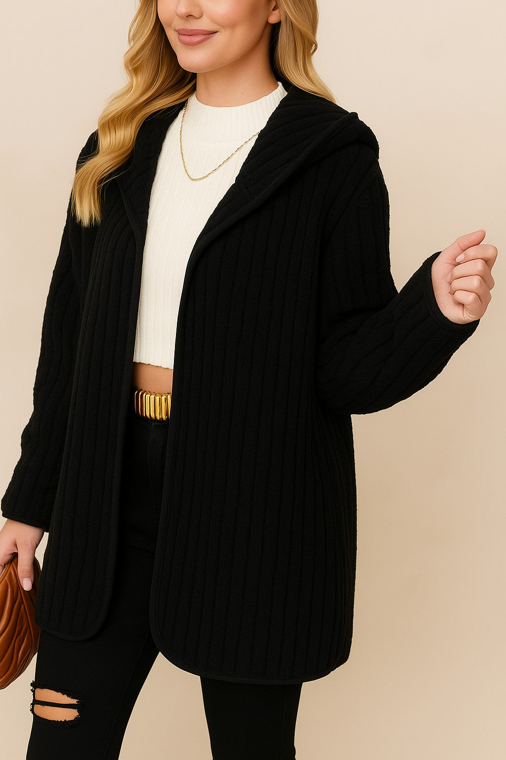 Front view of the black ribbed knit hooded coat with open front and long sleeves.