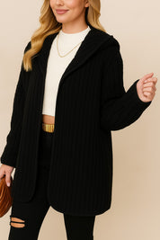 Front view of the black ribbed knit hooded coat with open front and long sleeves.