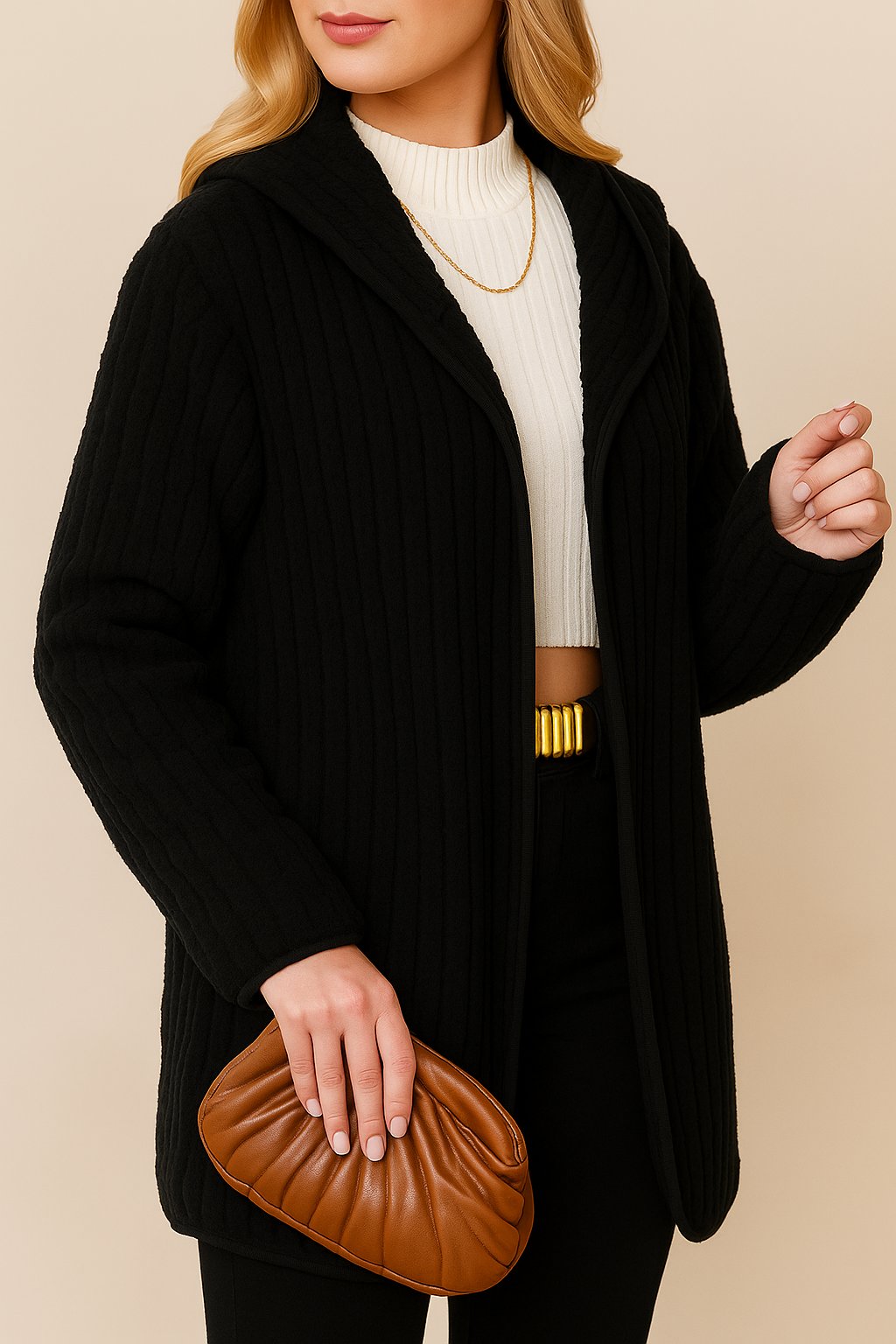 Alternate left three-quarter view of the black open-front ribbed hooded coat.