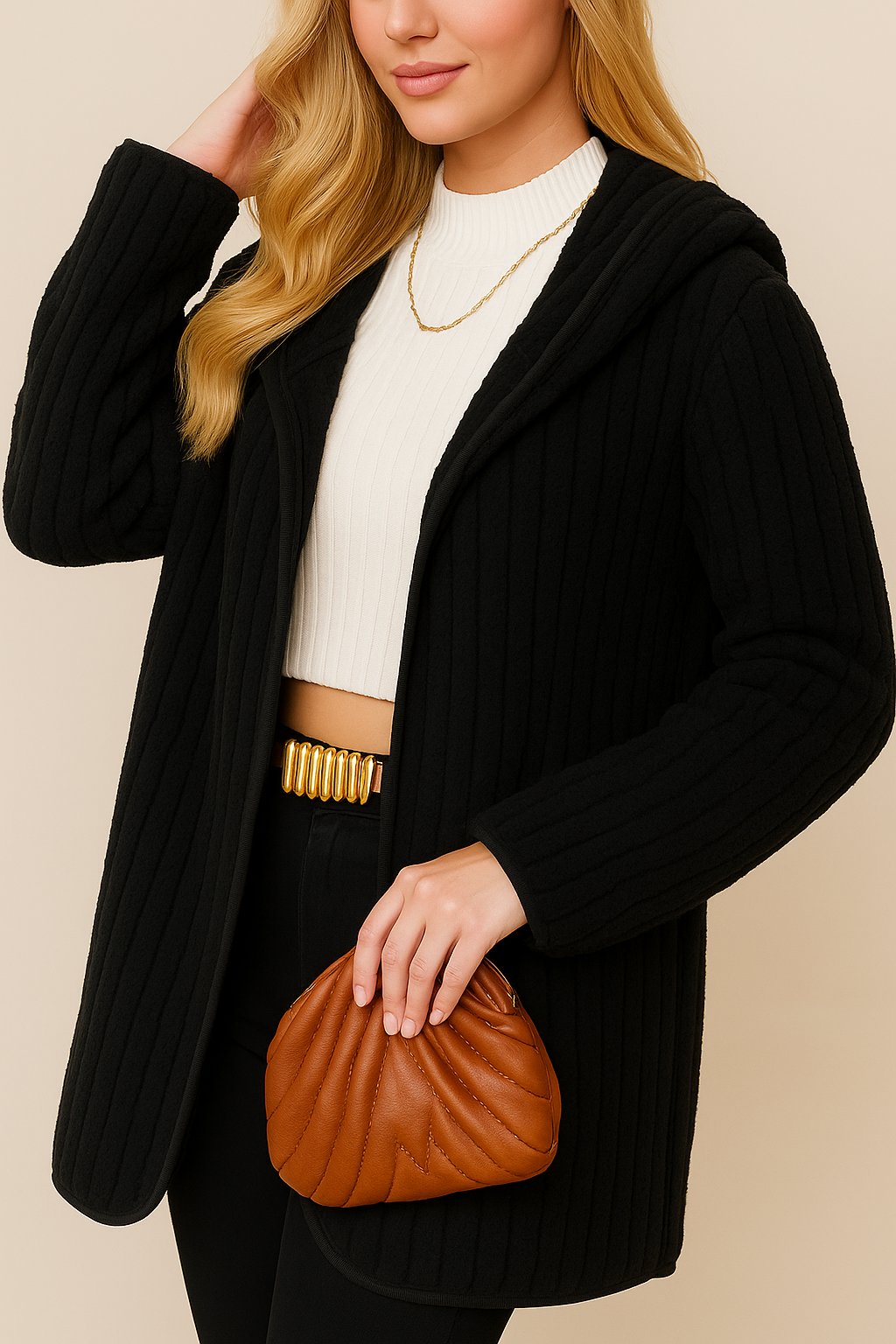Left three-quarter view of the black open-front ribbed hooded coat with long sleeves and patch pocket