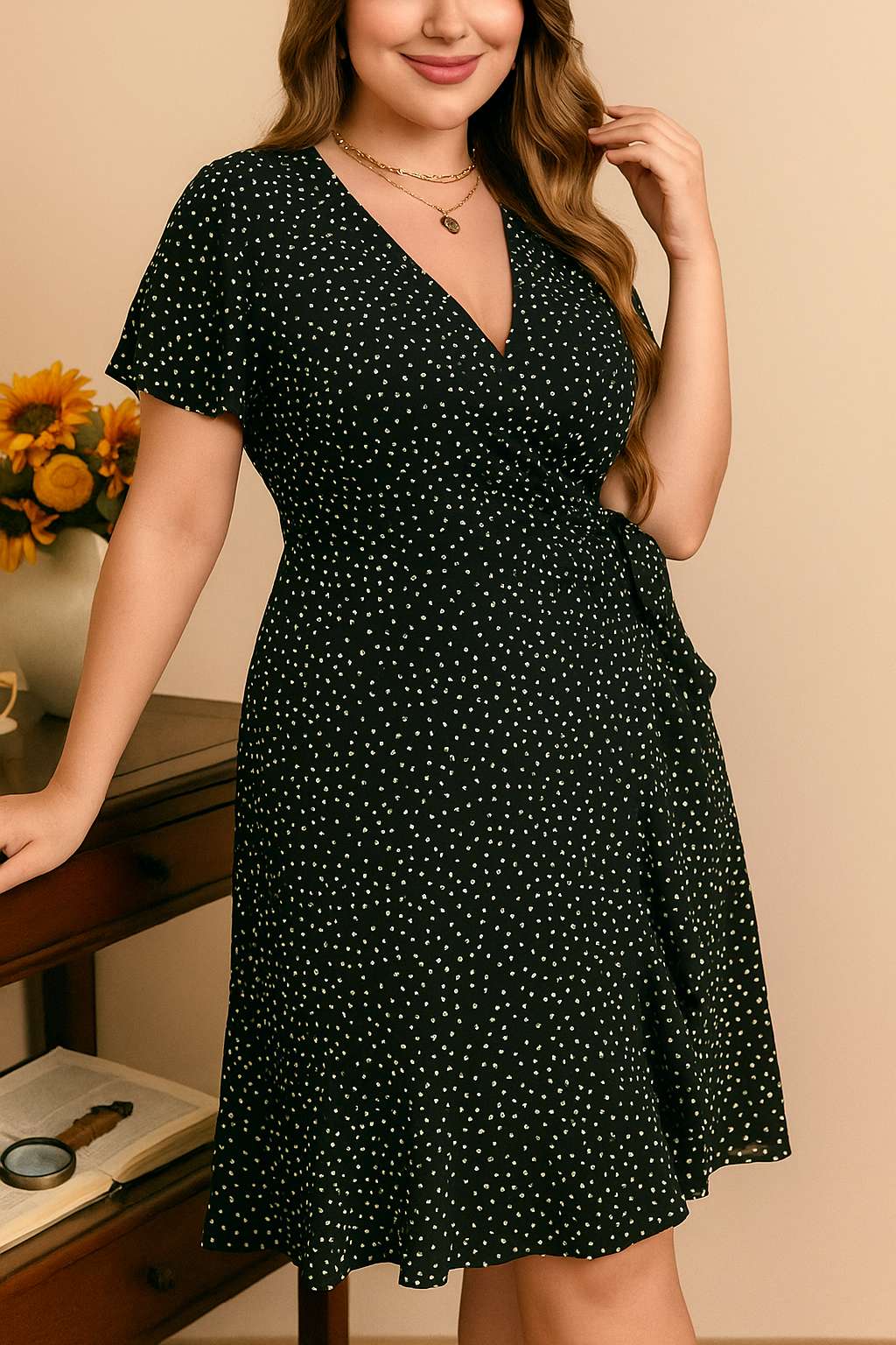 Plus-size black polka-dot wrap mini dress with V-neck and side tie bow, relaxed drape — front three-quarter view