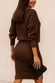 Ribbed Mock Neck Top and Slit Skirt Set