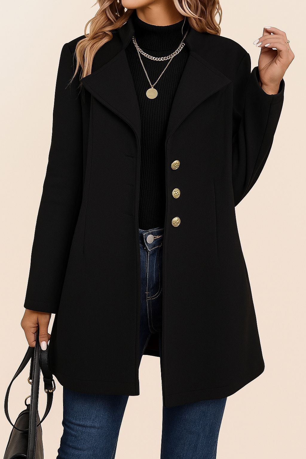 Centered front view of the black tailored button-up coat featuring a notched lapel, gold-tone buttons and a straight hem.