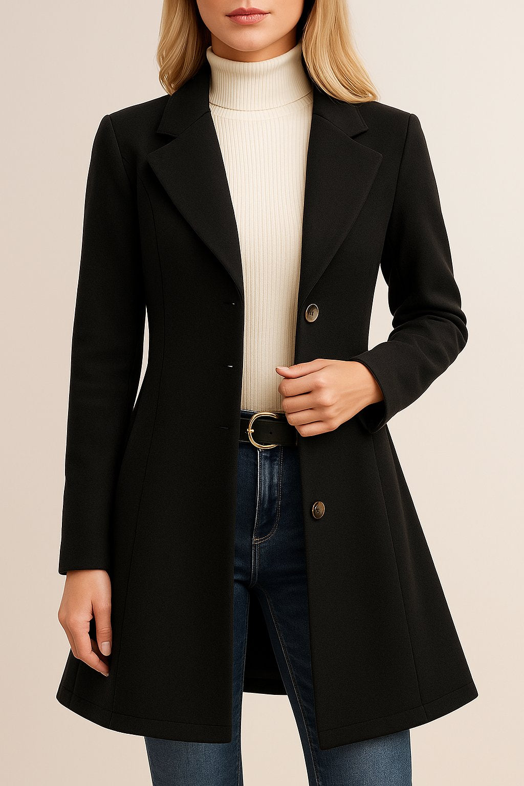 Front view of a black tailored longline coat with notched lapel, button-front and long sleeves.