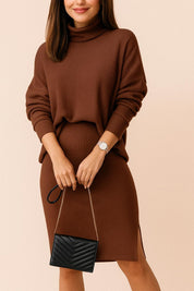 Ribbed Mock Neck Top and Slit Skirt Set