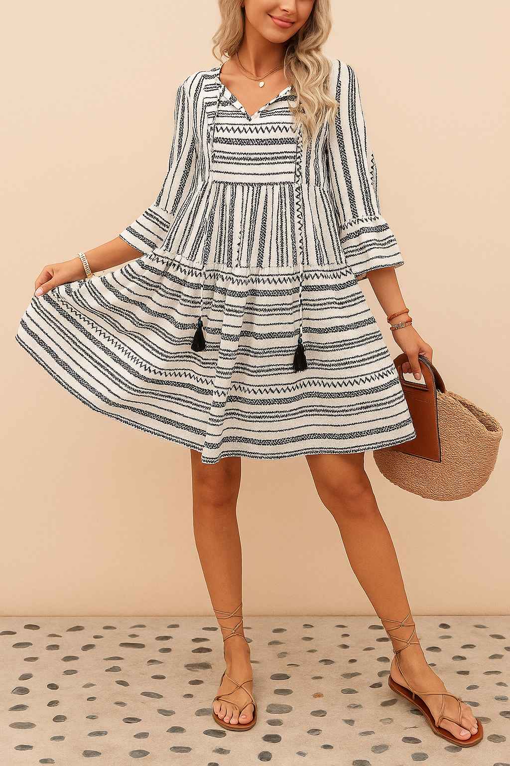 Black-and-white boho-print tie-neck mini dress with tiered skirt and tassel accents — front view, hem sway