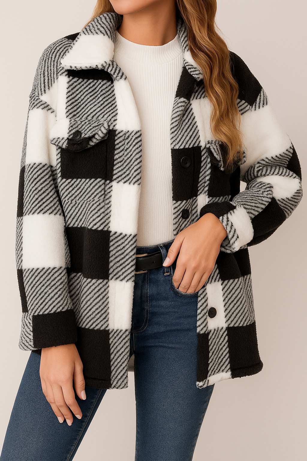 Front detail view highlighting the flap chest pocket and button placket on the black-and-white fuzzy plaid jacket.