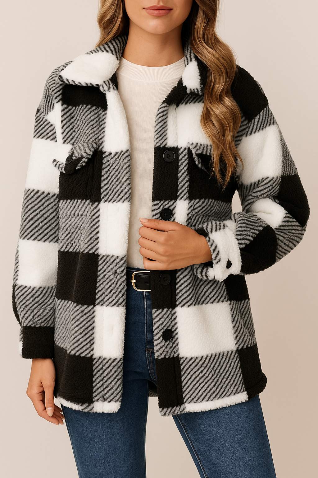 Straight front view of the black-and-white fuzzy plaid button-up jacket; shirt collar, button front and flap chest pockets are visible.