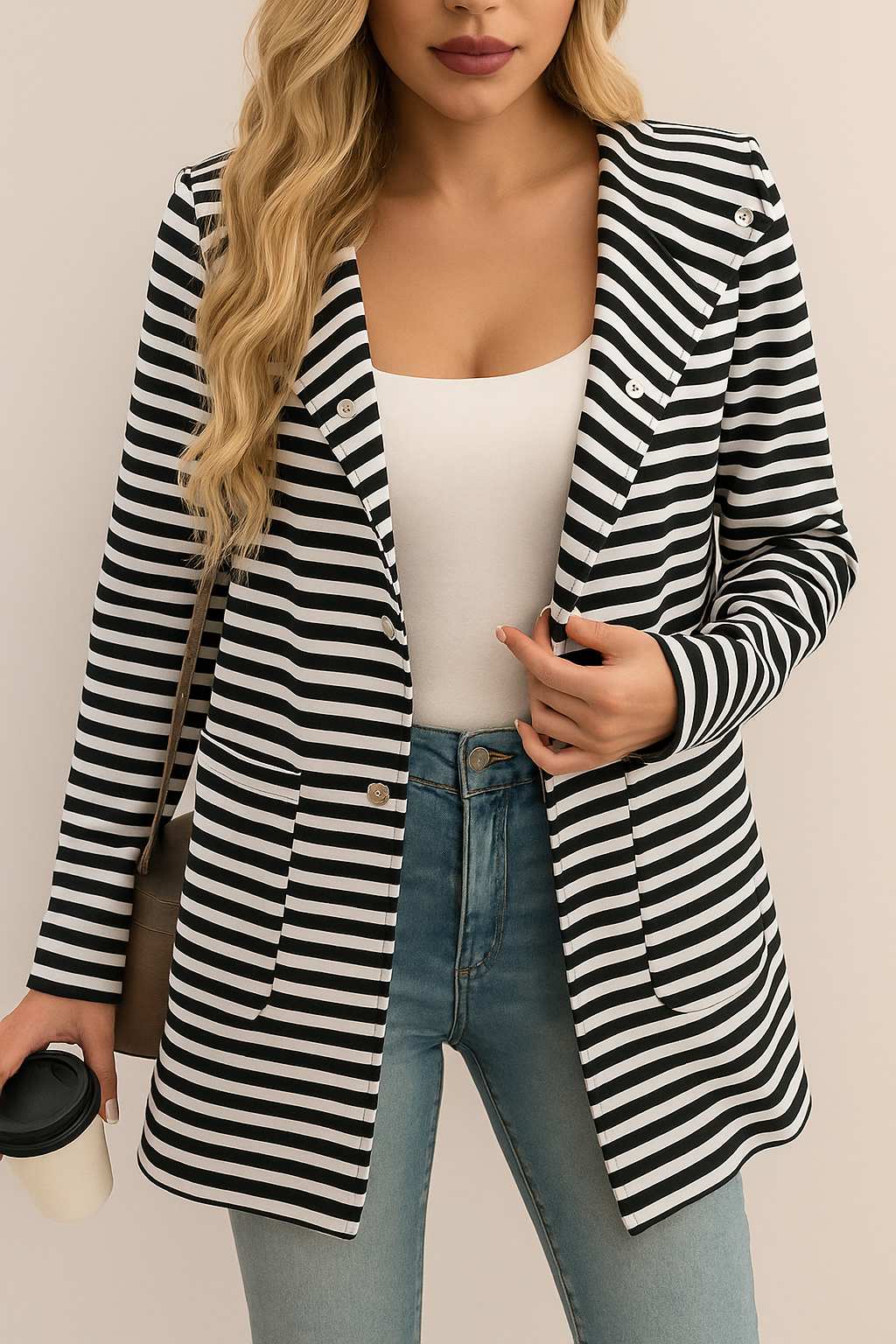 Centered front view of the black-and-white striped hooded snap-button long jacket with notched lapel, snap front and patch pockets.