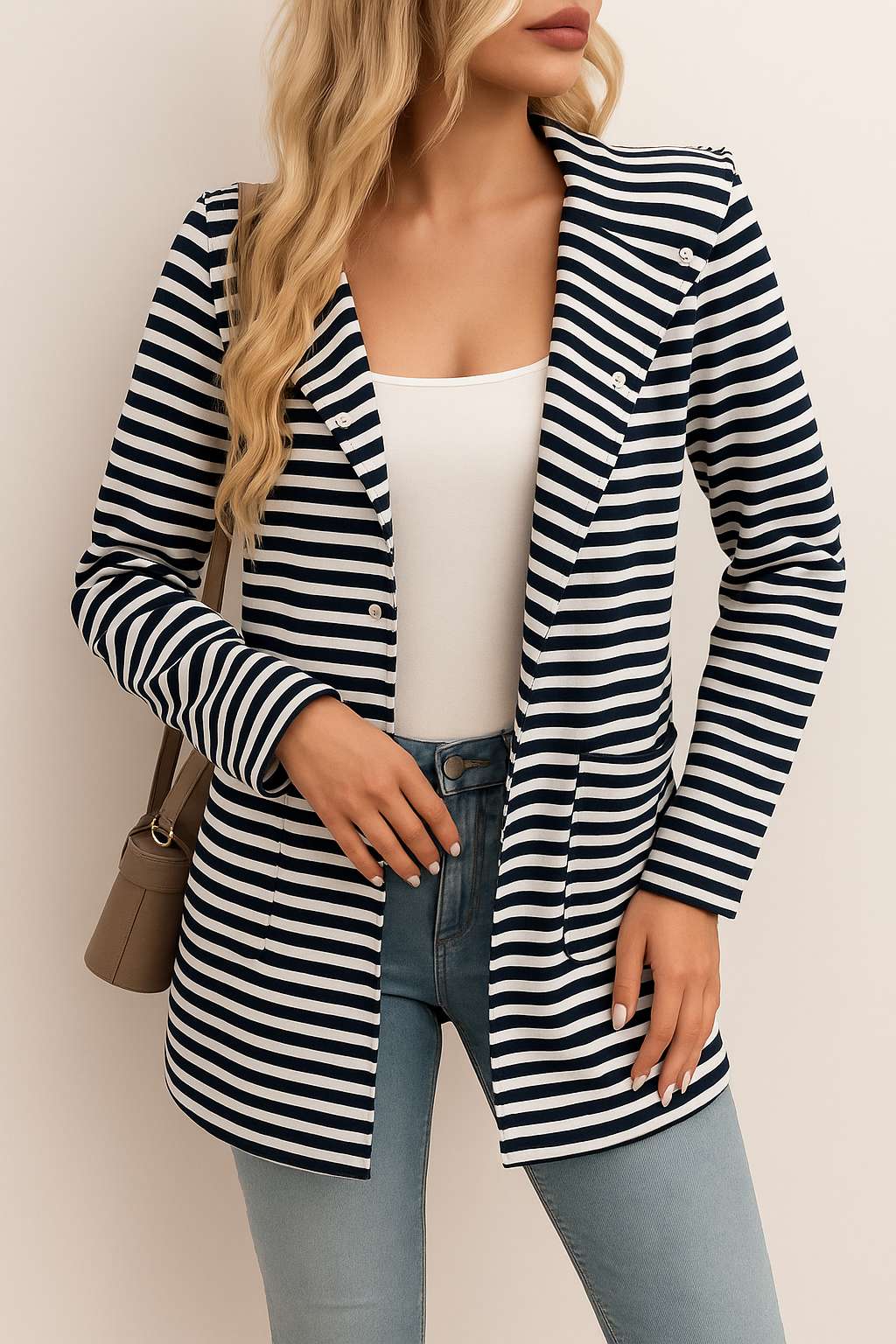 Front view of the black-and-white striped hooded snap-button long jacket worn open; notched lapel and patch pockets visible.