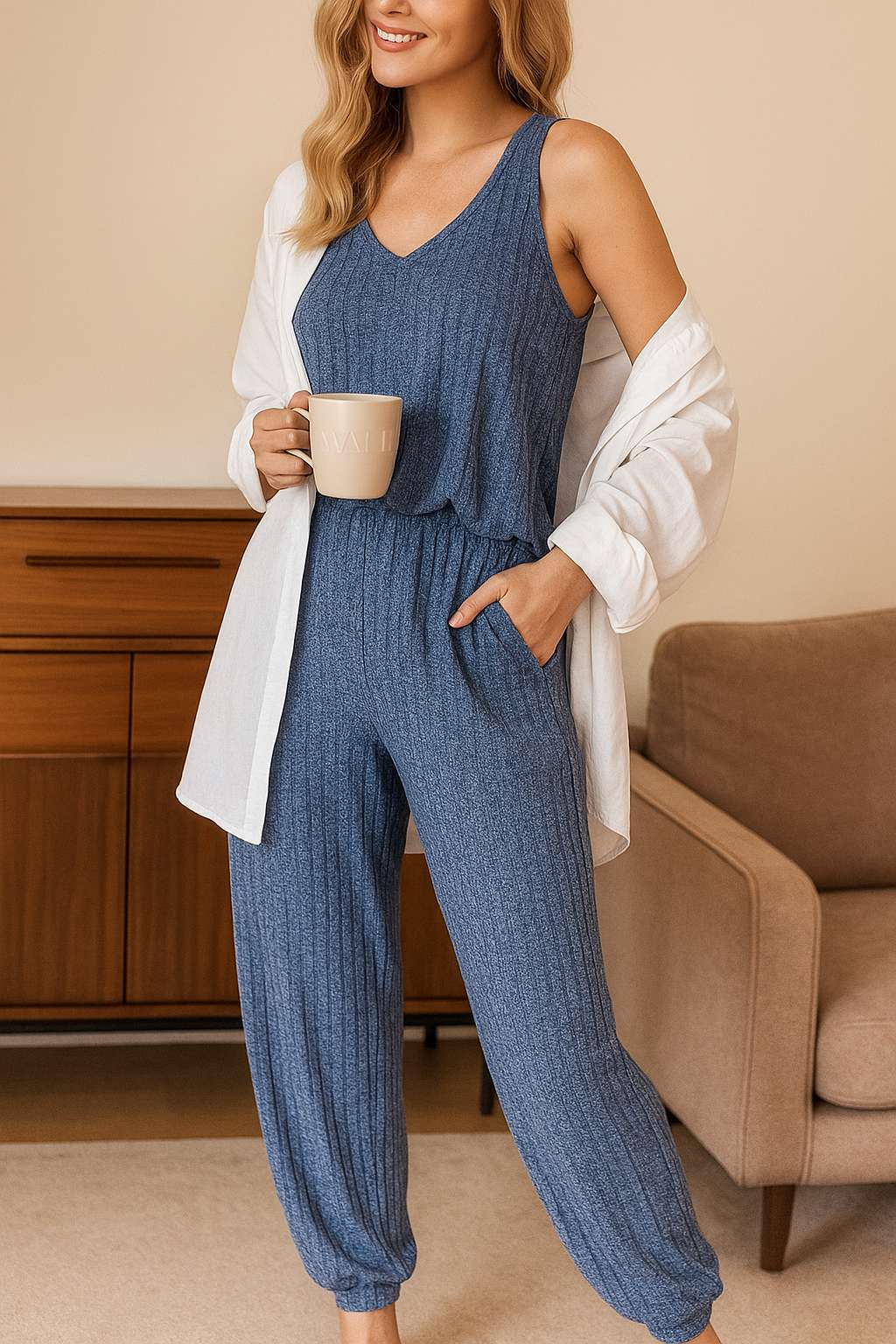 Women's blue knit loungewear pajama set with sleeveless top and elastic waist pants
