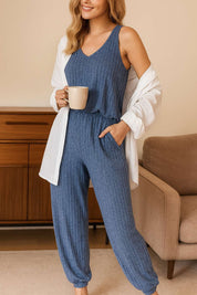 Women's blue knit loungewear pajama set with sleeveless top and elastic waist pants