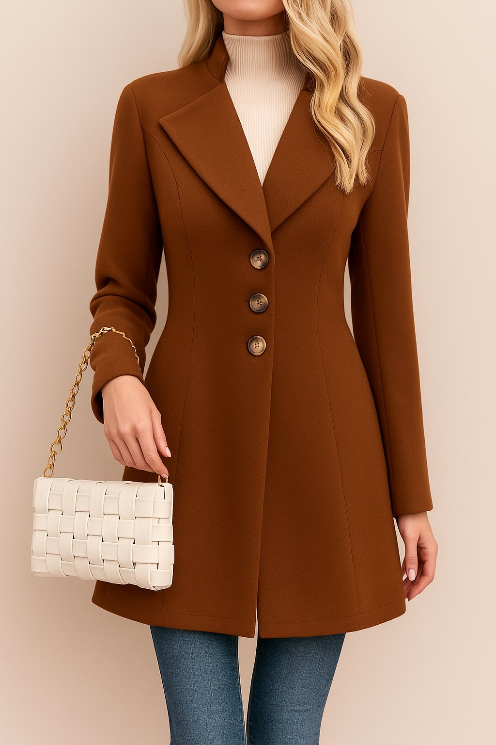 Centered front view of the brown tailored longline coat with notched lapel and button-front