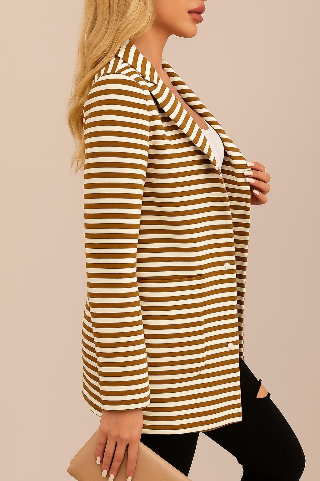Left side view of the brown-and-white striped hooded snap-button long jacket showing the notched lapel, sleeve and patch pocket opening.