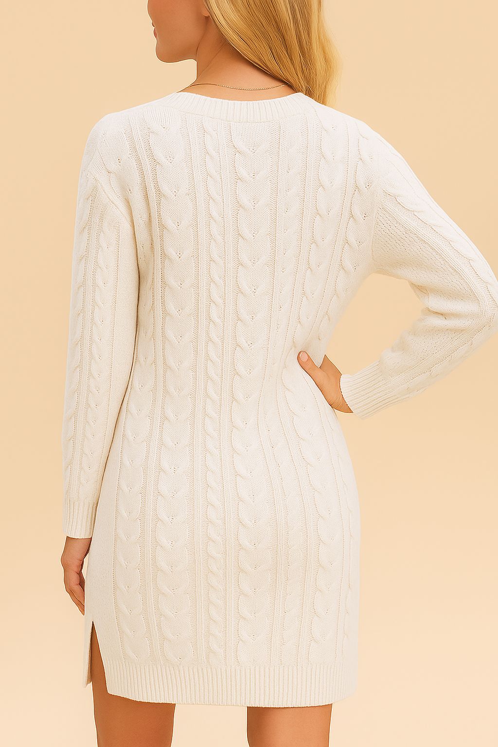 Back view of the cable-knit sweater dress showing the vertical braid pattern, long sleeves and ribbed edging for a neat, body-skimming fit and clean finish.