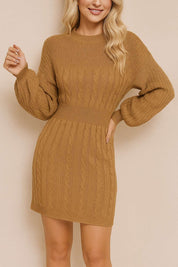 Front view of a cable-knit sweater dress in camel brown with a V-neck cutout, balloon long sleeves and a ribbed waistband.