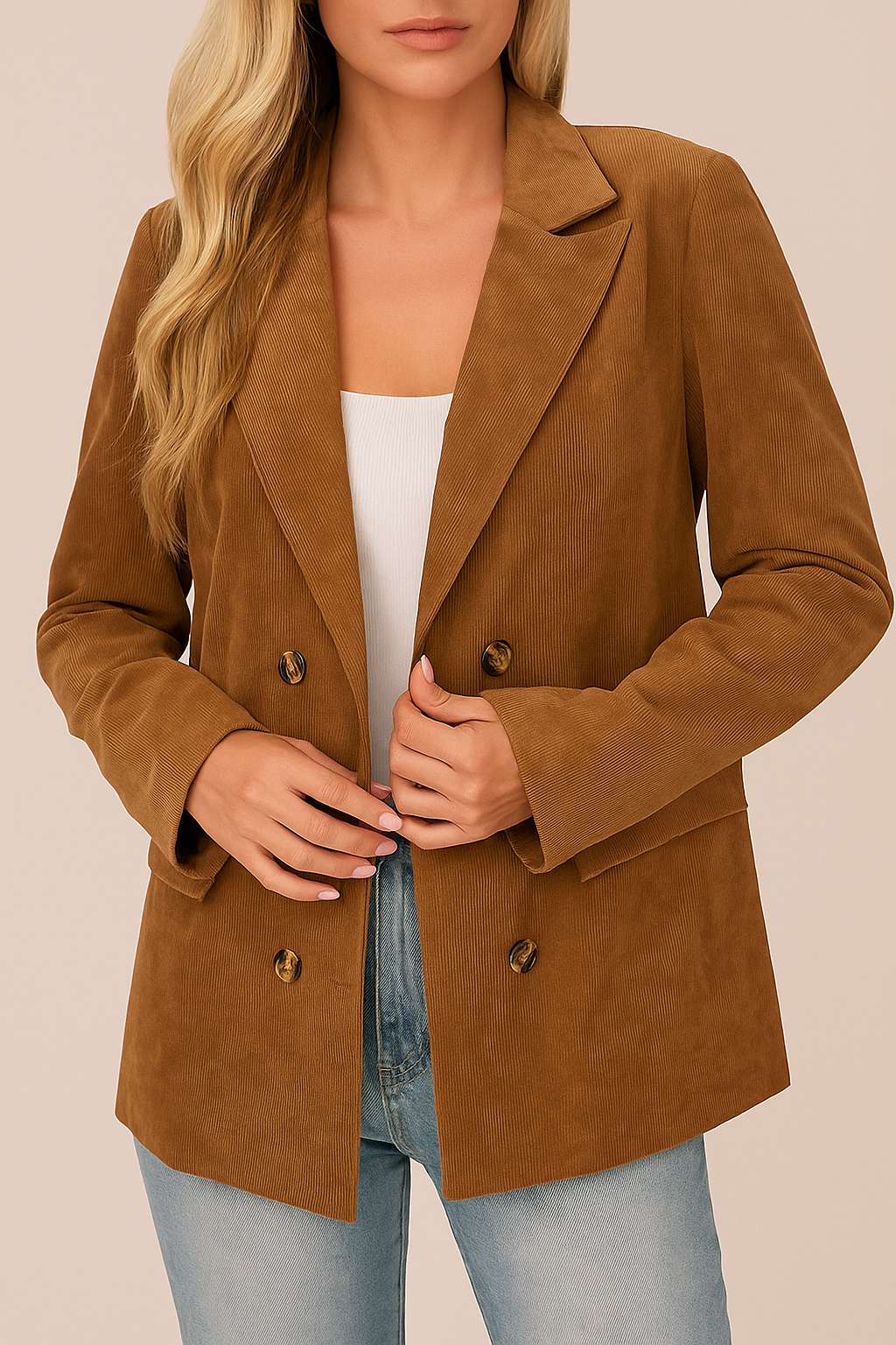 Front view of the camel brown corduroy double-breasted blazer with notched lapel shown open; decorative flap pockets visible.