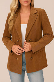 Front view of the camel brown corduroy double-breasted blazer with notched lapel shown open; decorative flap pockets visible.