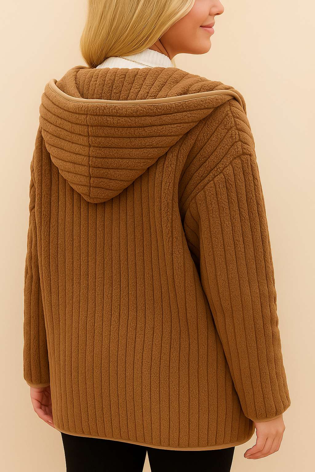 Back view of the camel brown ribbed hooded coat; hood structure and vertical ribs are visible