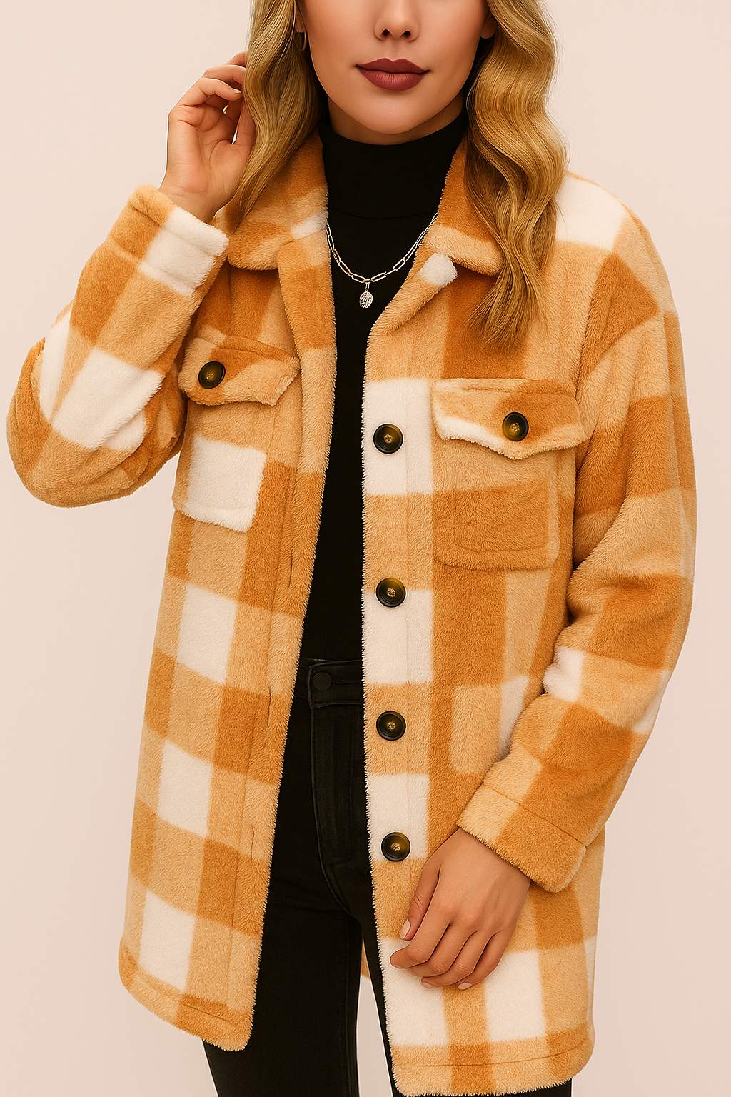 Front detail view of a women’s camel-and-ivory buffalo-check button-front coat with a shirt collar, long sleeves and flap chest pockets