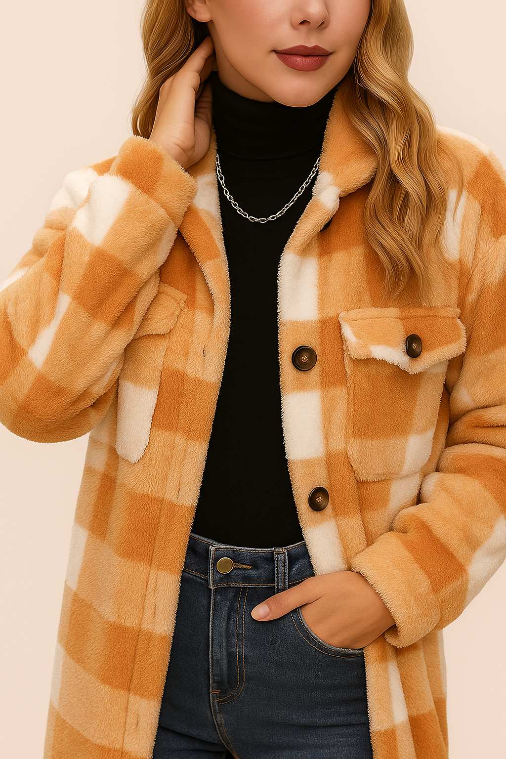Front detail view of the camel-and-ivory buffalo-check coat highlighting the buttoned flap chest pockets and button placket.