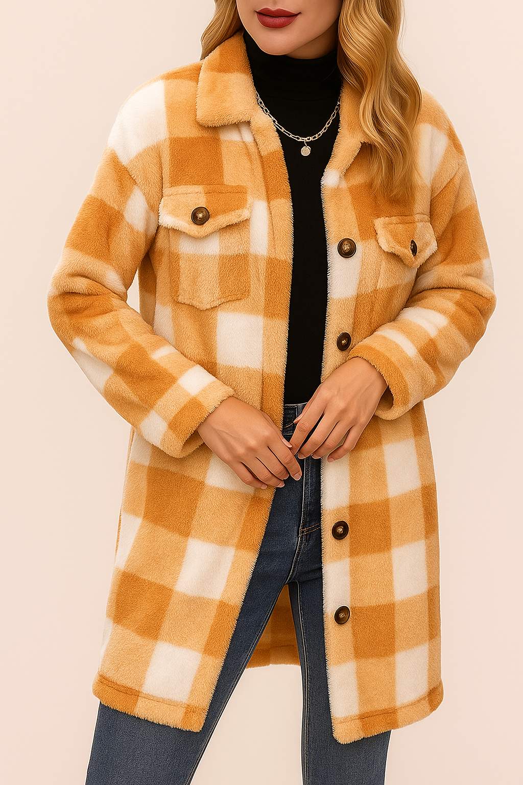 Alternate front view of the camel-and-ivory buffalo-check coat showing the button placket, flap chest pockets and patch pockets.