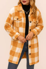 Alternate front view of the camel-and-ivory buffalo-check coat showing the button placket, flap chest pockets and patch pockets.
