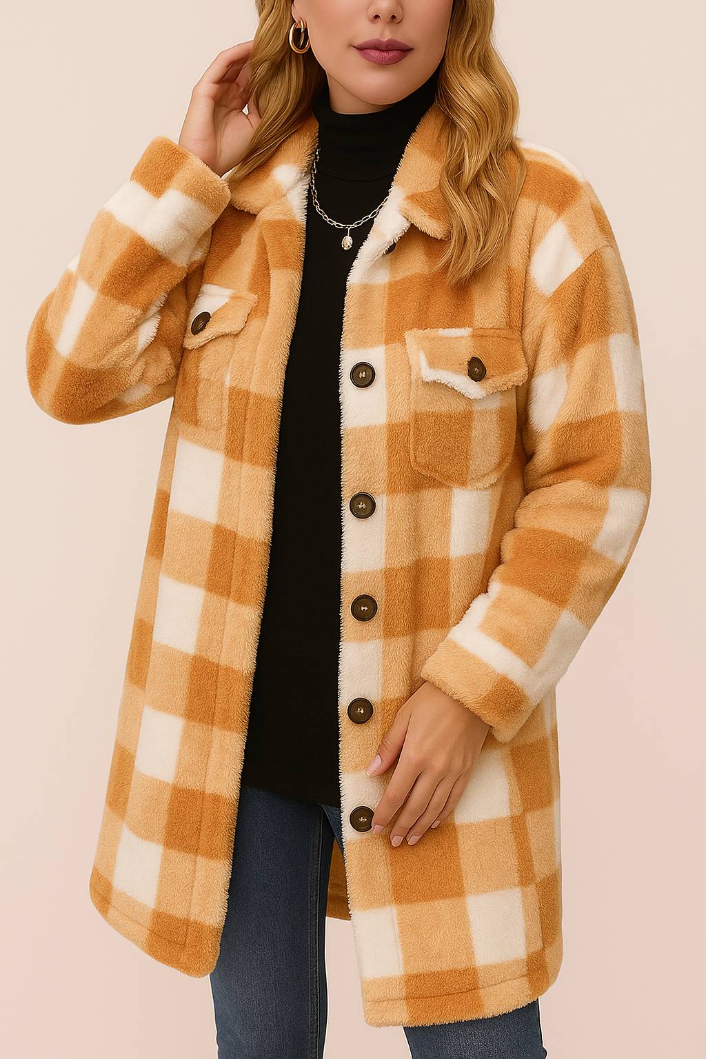 Front view of the camel-and-ivory buffalo-check button-front coat; shirt collar, long sleeves, flap chest pockets and patch pockets are visible.