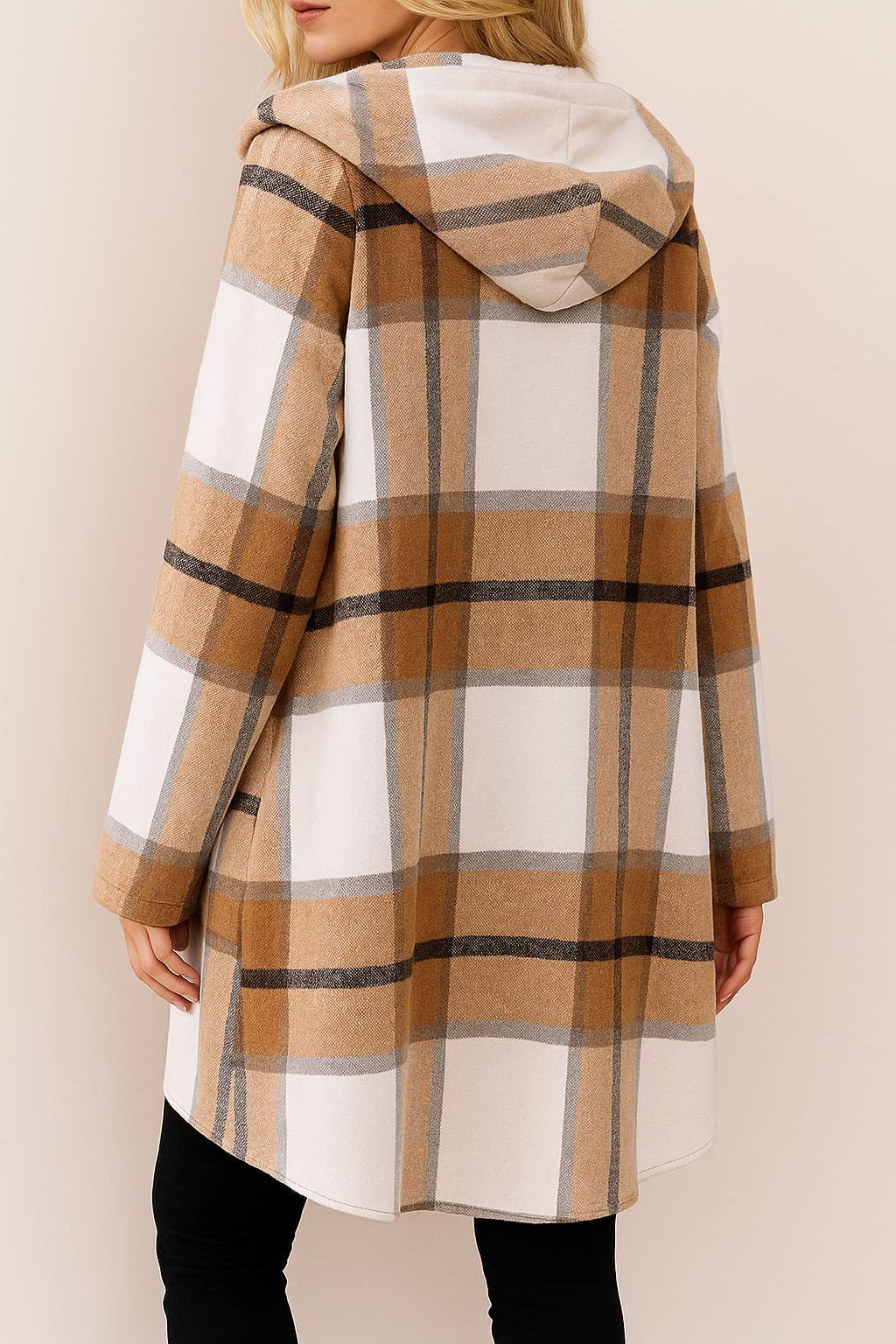 Back view of the camel and white plaid zip-up hooded coat with drop-shoulder seam and clean rounded hem