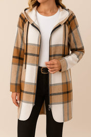 Front view of the camel and white plaid zip-up hooded coat with the zipper open; drawstring hood, drop-shoulder sleeves and rounded hem visible.