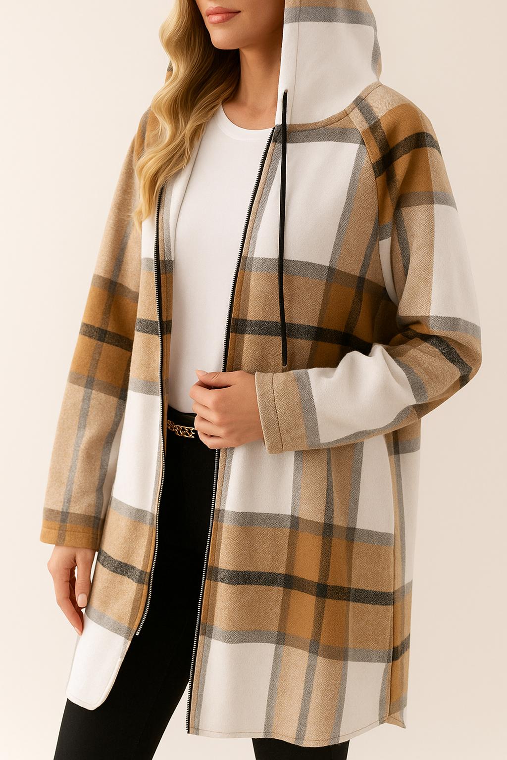 Left three-quarter view of the camel and white plaid zip-up hooded coat highlighting the drawstring hood and side pocket opening
