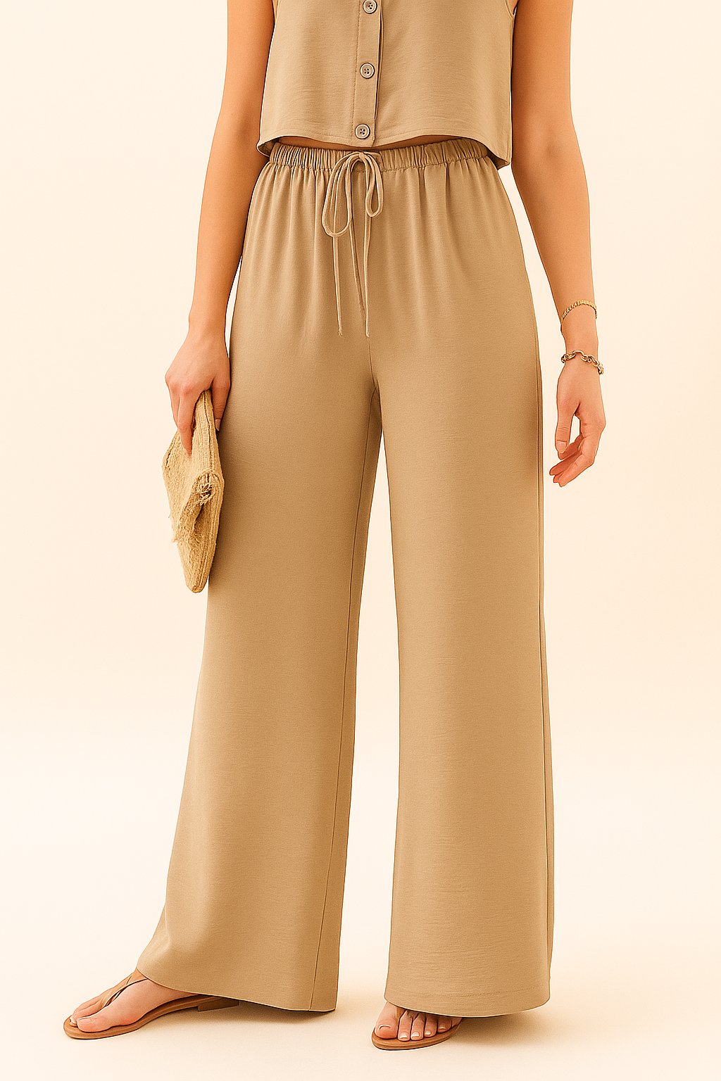 Front view of the camel wide-leg pants from the set showing the elastic drawstring waist and straight, flowing legs.