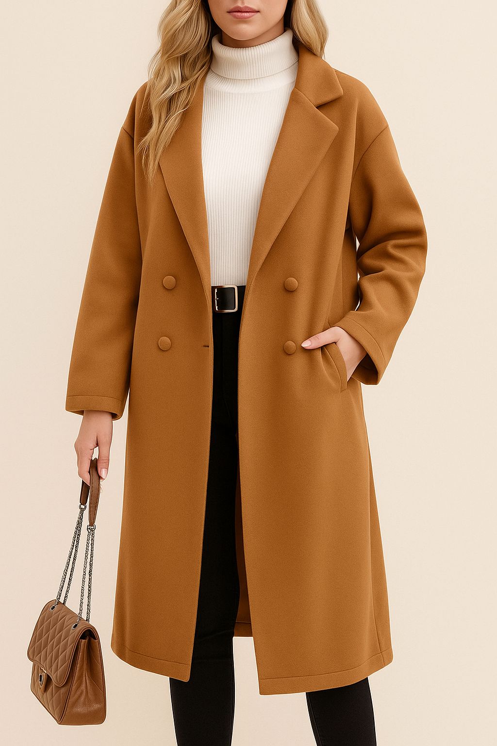 Front view of the caramel tie-waist longline coat with open notched lapel, double-breasted buttons and relaxed drop-shoulder sleeves.