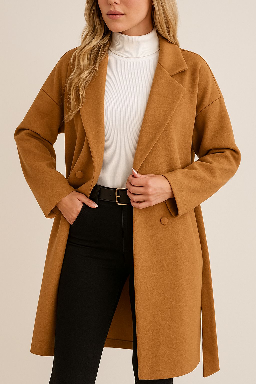 Straight front view of the caramel longline coat highlighting the notched lapel, double-breasted buttons and slant welt pockets