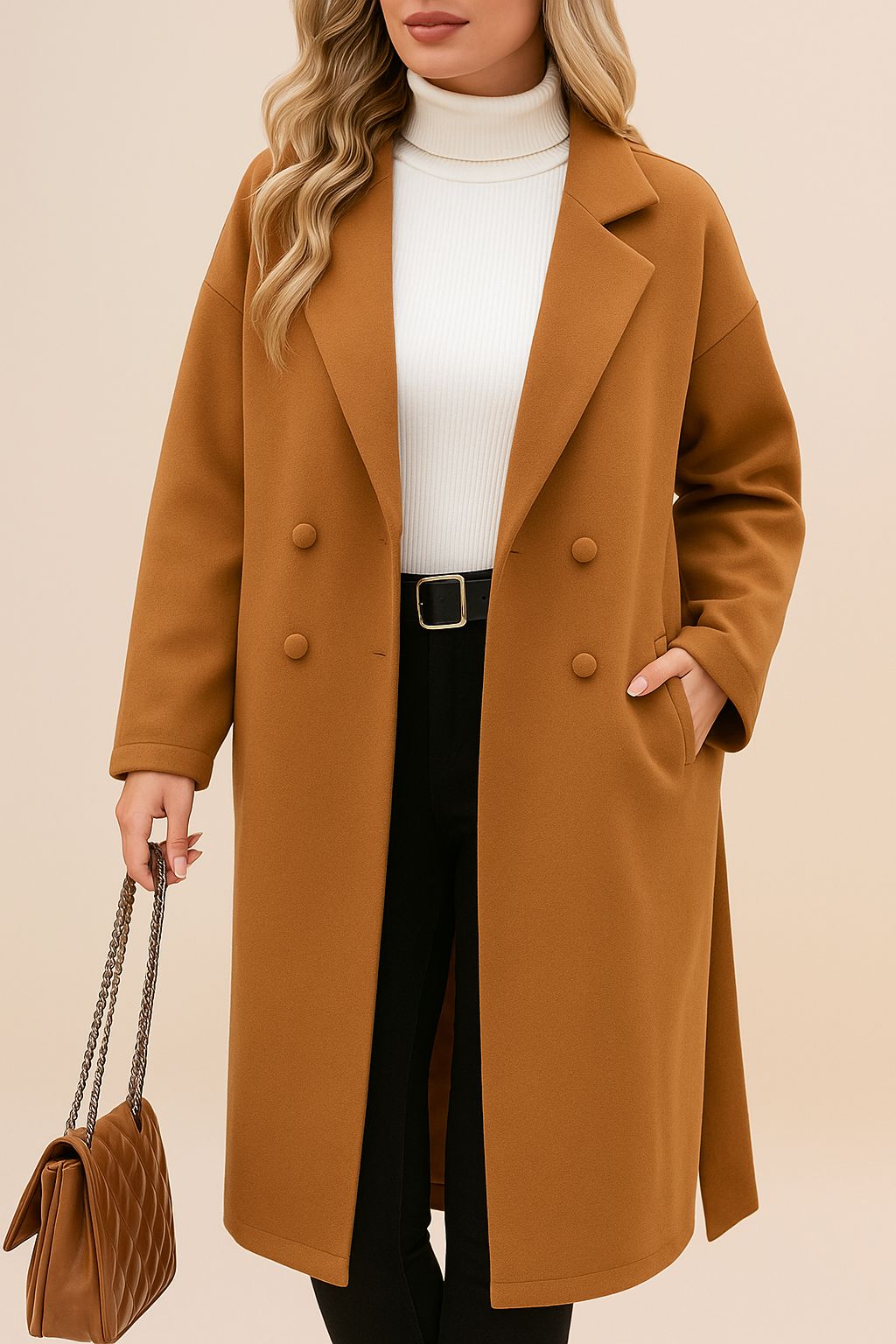 Front view of the caramel tie-waist longline coat with notched lapel, covered buttons and slant welt pockets; drop-shoulder sleeves visible.