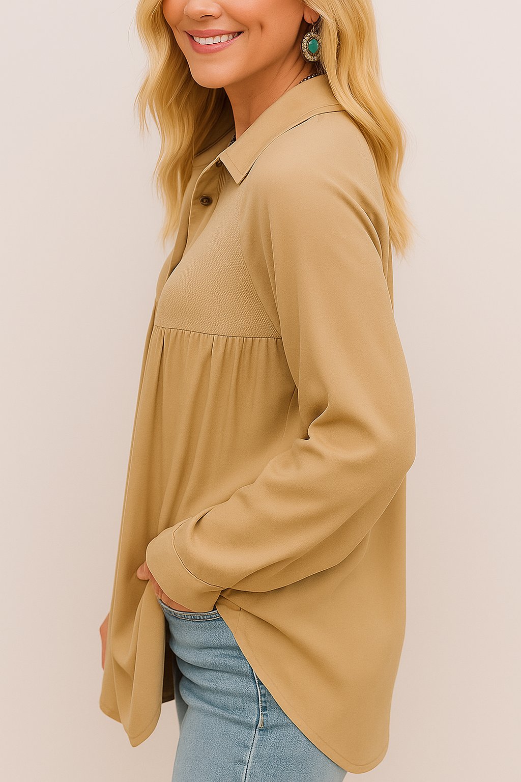 Waffle Patchwork Button-Up Oversized Shirt