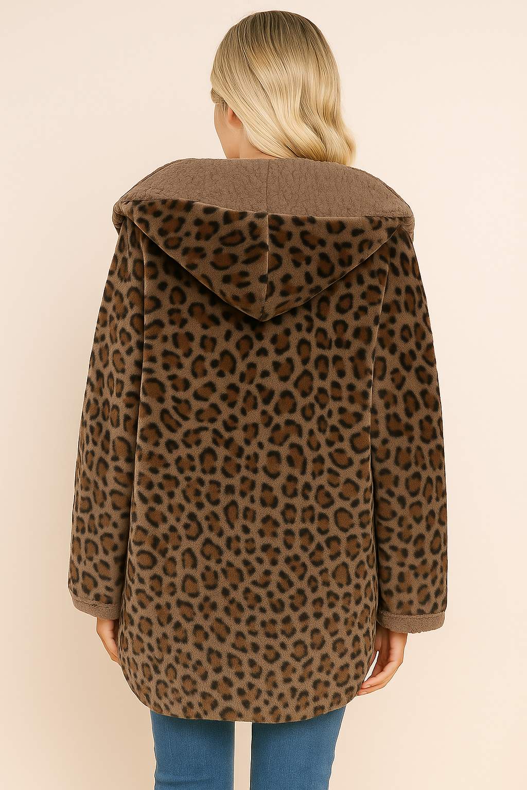 Back view of the chestnut leopard hooded coat with full leopard pattern and rounded hem.