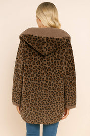 Back view of the chestnut leopard hooded coat with full leopard pattern and rounded hem.