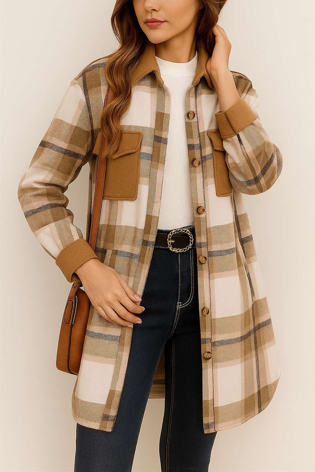Relaxed front three-quarter view of the coffee-brown and ivory plaid longline coat showing the shirt collar, button placket, flap chest pockets and curved hem.